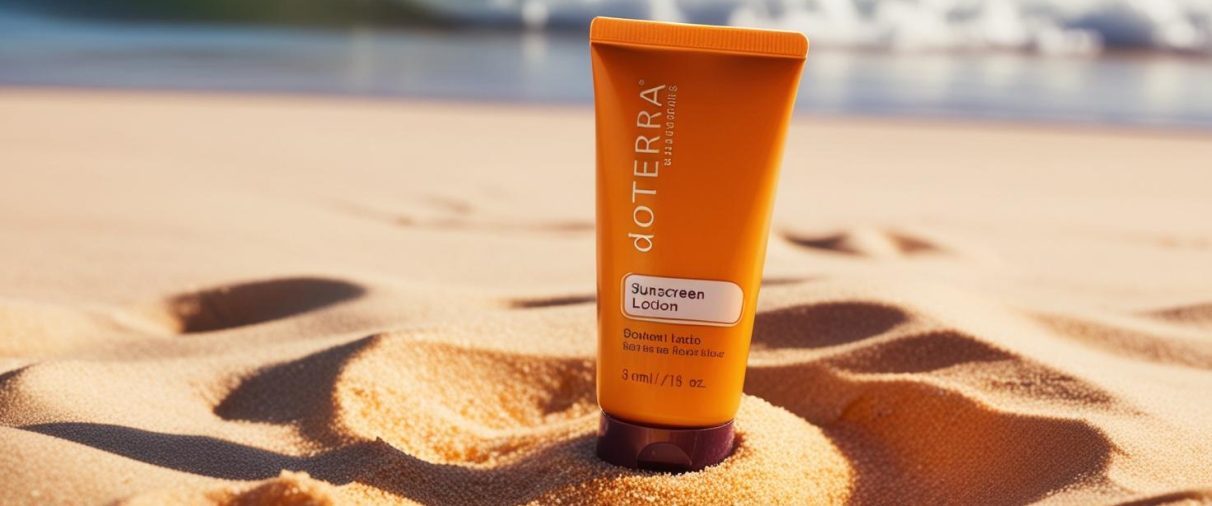 orange Tube Sonnenschutzlotion von doterra liegt am Strand